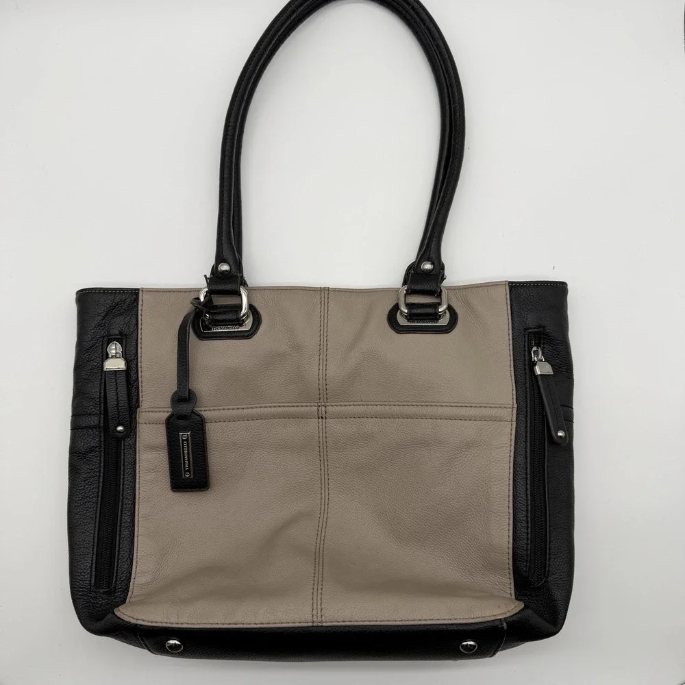 Tignanello Perfect Pockets Tote Colorblock Pebbled Leather Taupe/Black Y2K Style